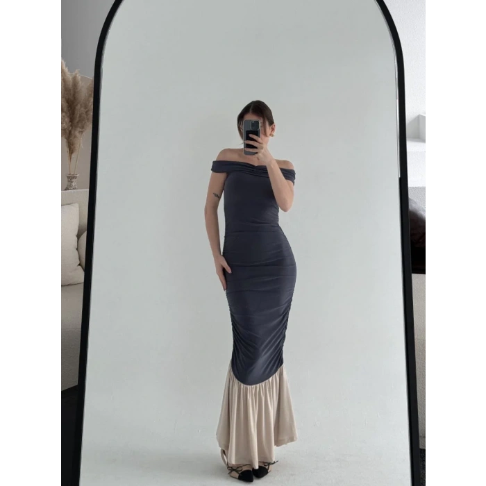 Striptiz Omuzlu Uzun Elbise- Füme