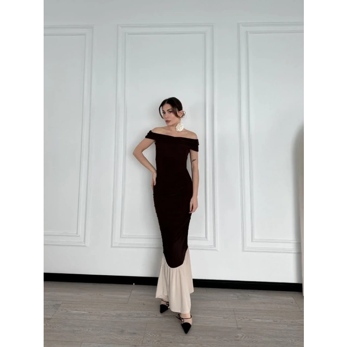 Striptiz Omuzlu Uzun Elbise- Kahve