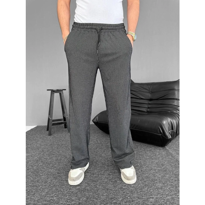 Su Yolu Çizgili Cepli Pantalon - Siyah