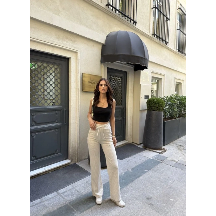 Su Yolu Çizgili kolay Kombinle Ne Bilir Cepli Pantolon - Bej