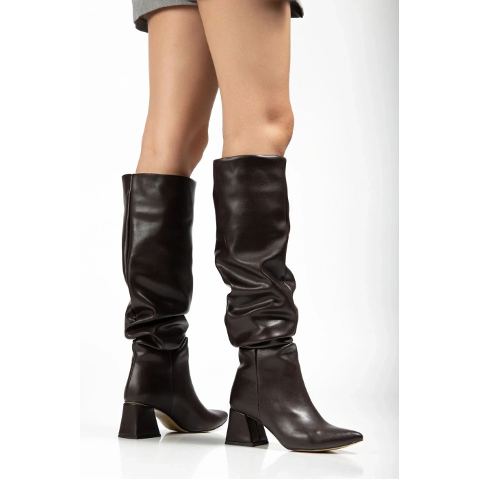 SYT-2002 Kahve Körüklü Kalın Topuklu Günlük Bayan Çizme