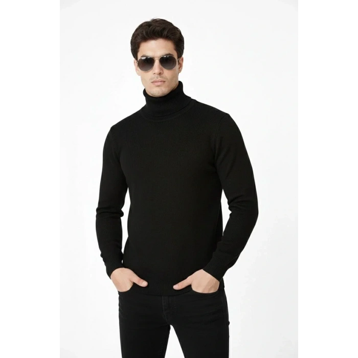 Tam Boğazlı Balıkcı Yaka Triko Kazak yumuşak dokulu Pamuklu ince Dokuma, uzun kollu Rahat Regular kalıp - Siyah