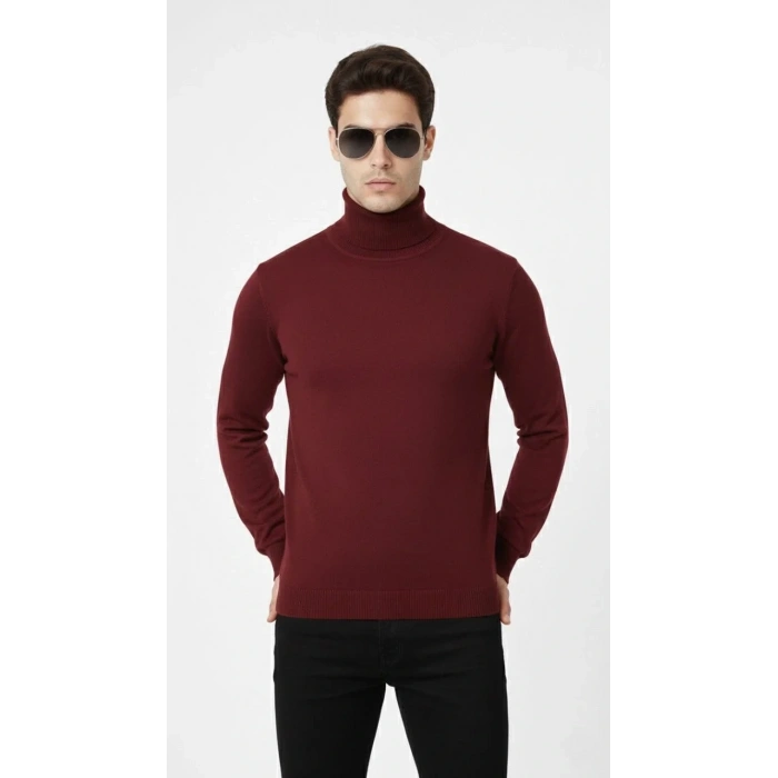 Tam Boğazlı Balıkcı Yaka Triko Kazak yumuşak dokulu Pamuklu ince Dokuma, uzun kollu Rahat Regular kalıp - Bordo