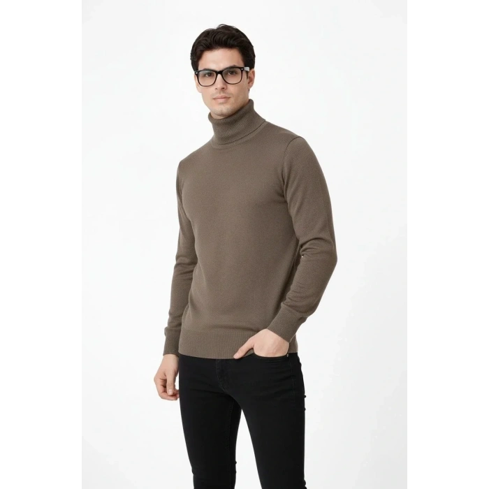 Tam Boğazlı Balıkcı Yaka Triko Kazak yumuşak dokulu Pamuklu ince Dokuma, uzun kollu Rahat Regular kalıp - Kahverengi