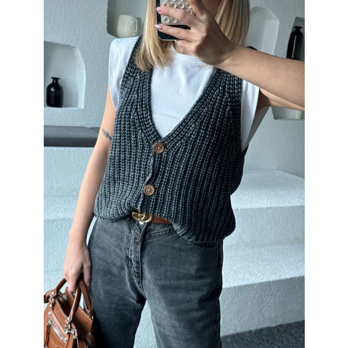 Triko Kolsuz Düğmeli Yelek - Siyah