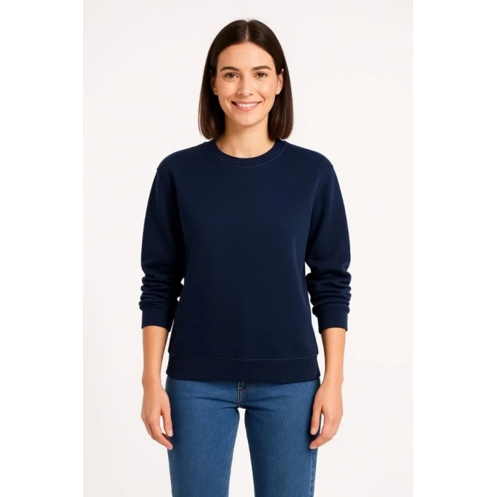 Üç İplik Düz Bisiklet Yaka SweatShirt - Lacivert