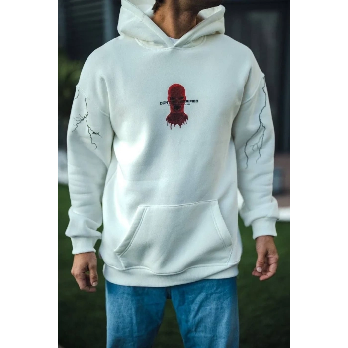 Üç İplik Kapüşonlu Baskılı Oversize SweatShirt- Beyaz