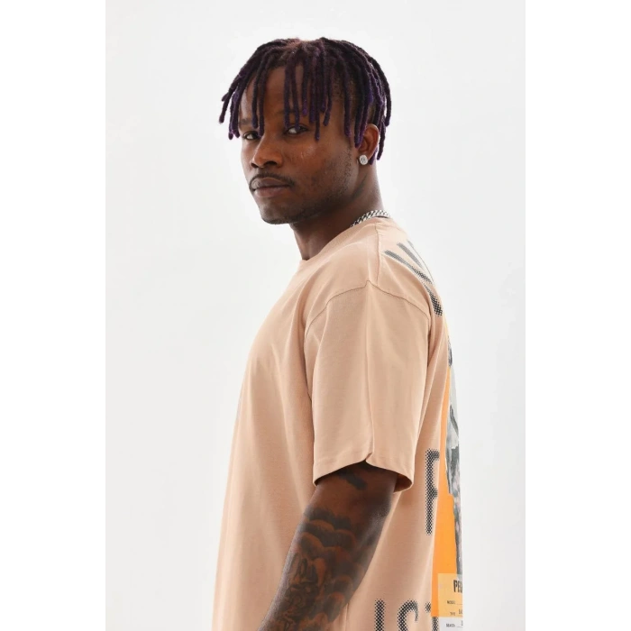 Unisex Baskılı Oversize T-Shirt - Bej
