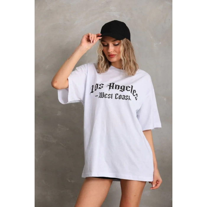 Unisex Baskılı Oversize T-Shirt - Beyaz