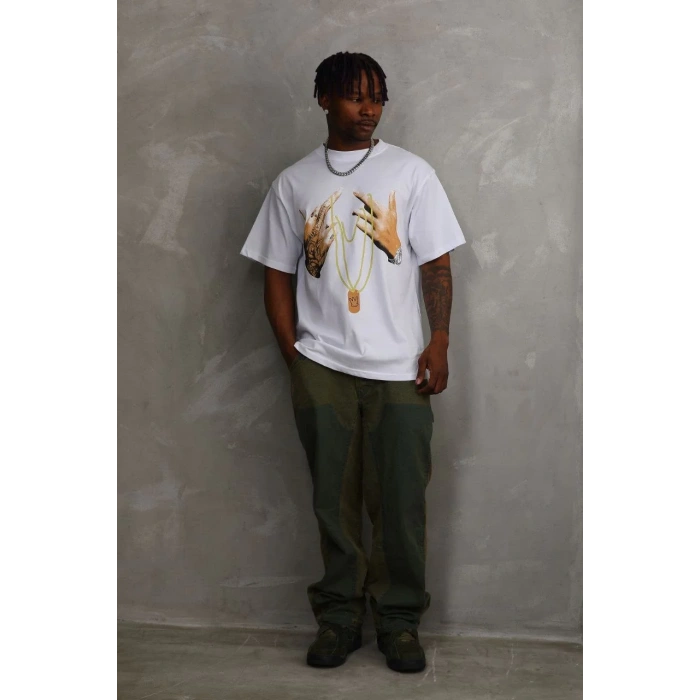 Unisex Baskılı Oversize T-Shirt - Beyaz