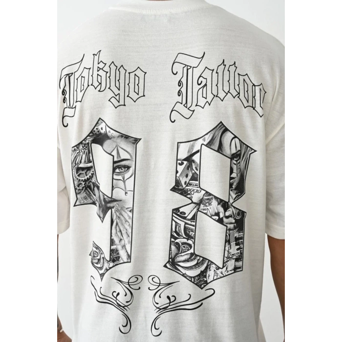 Unisex Baskılı Oversize T-Shirt - Beyaz