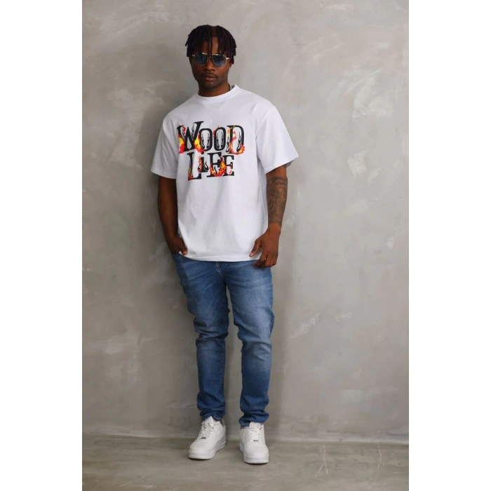 Unisex Baskılı Oversize T-Shirt - Beyaz