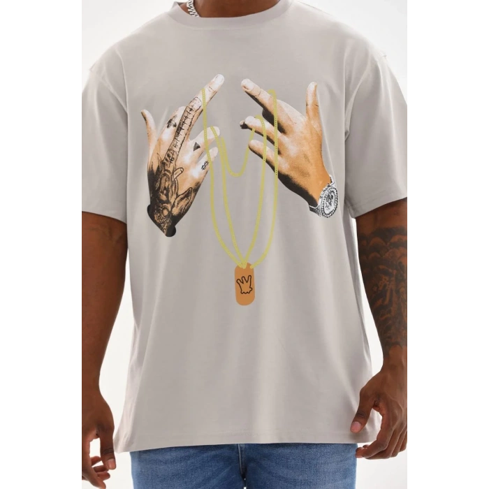 Unisex Baskılı Oversize T-Shirt - Gri