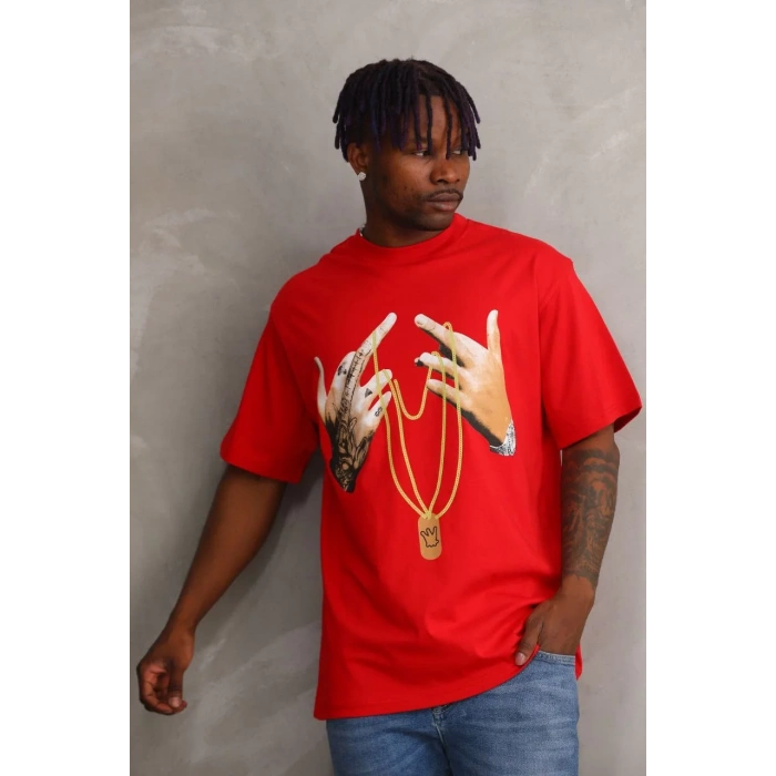 Unisex Baskılı Oversize T-Shirt - Kırmızı