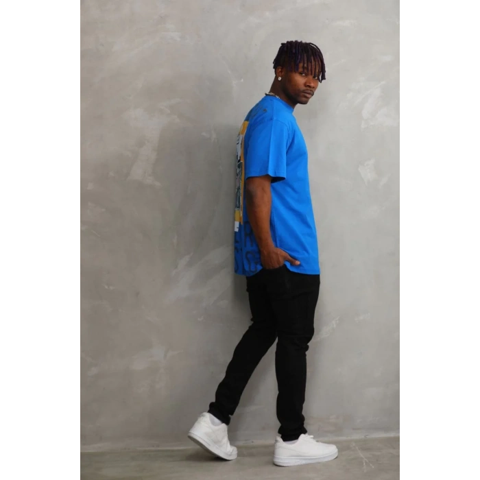 Unisex Baskılı Oversize T-Shirt - Mavi
