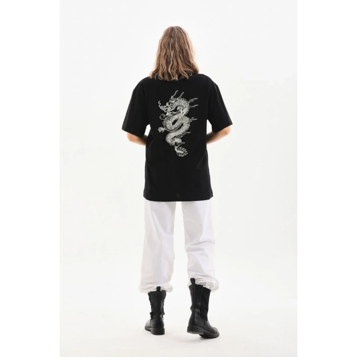 Unisex Baskılı Oversize T-Shirt - Siyah