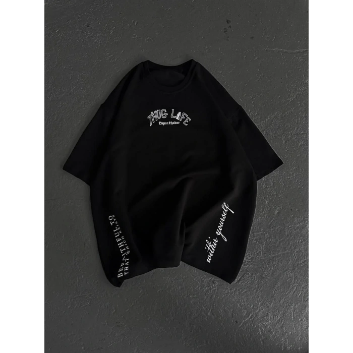 Unisex Baskılı Oversize T-Shirt - Siyah