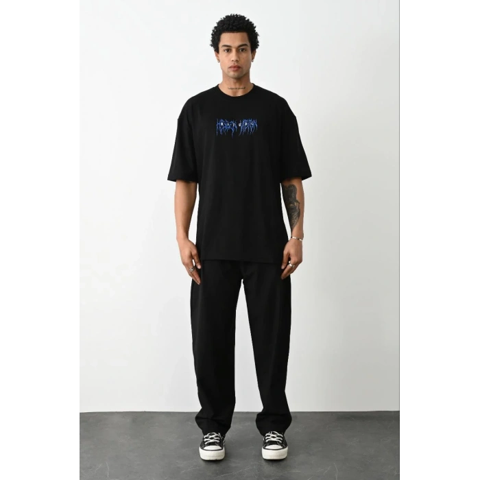 Unisex Baskılı Oversize T-Shirt - Siyah