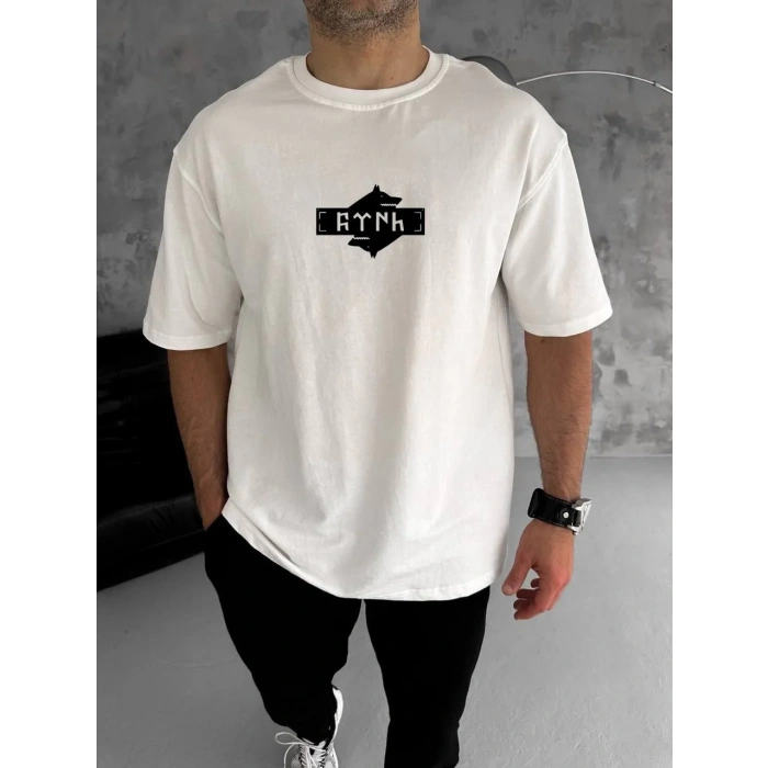 Unisex Bisiklet Yaka Baskılı Double Oversize T-Shirt - Beyaz