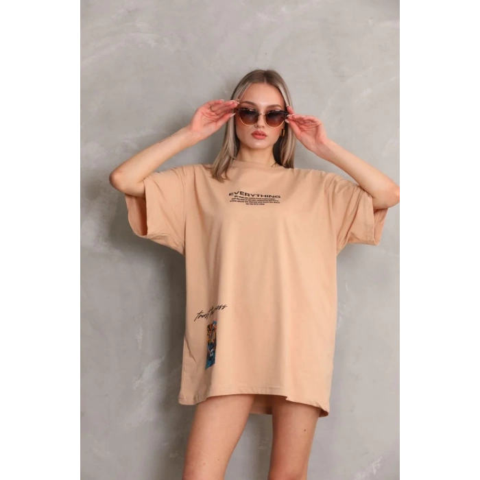 Unisex Bisiklet Yaka Baskılı Oversize T-Shirt - Bej