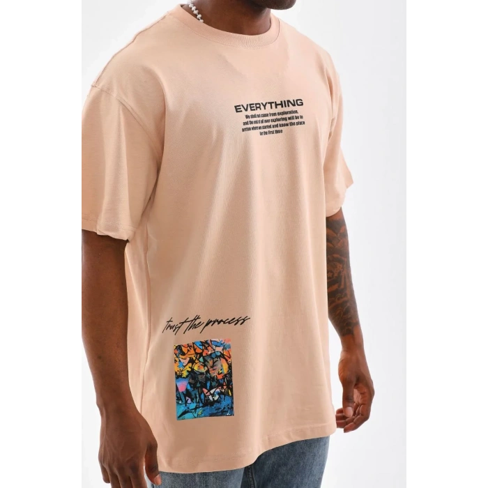 Unisex Bisiklet Yaka Baskılı Oversize T-Shirt - Bej