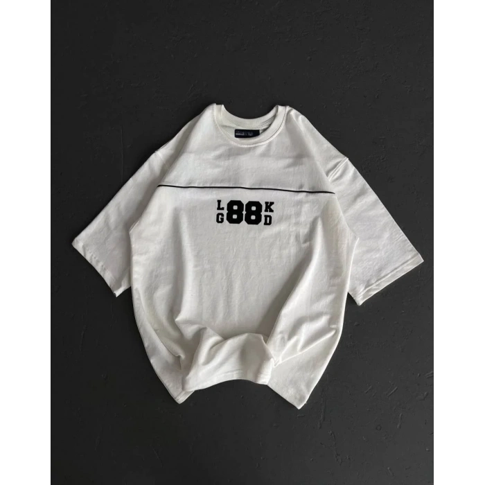 Unisex Bisiklet Yaka Baskılı Oversize T-Shirt - Beyaz