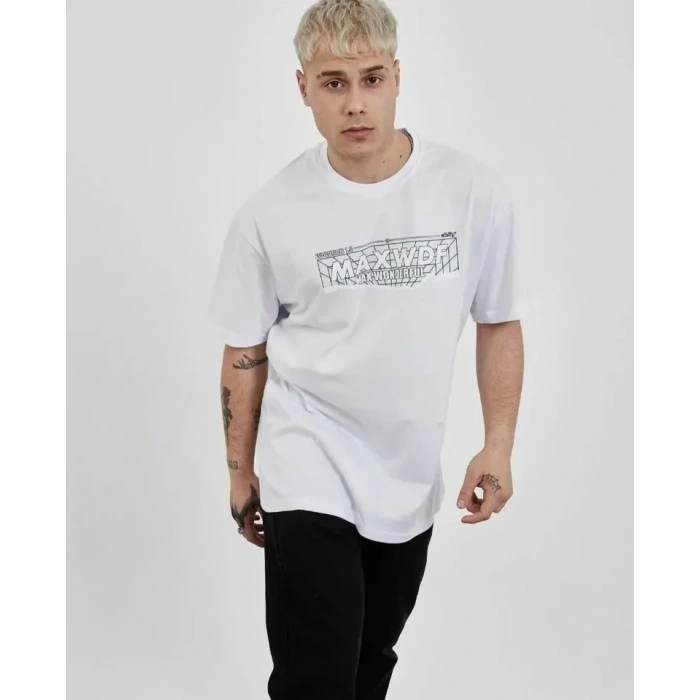 Unisex Bisiklet Yaka Baskılı Oversize T-Shirt - Beyaz