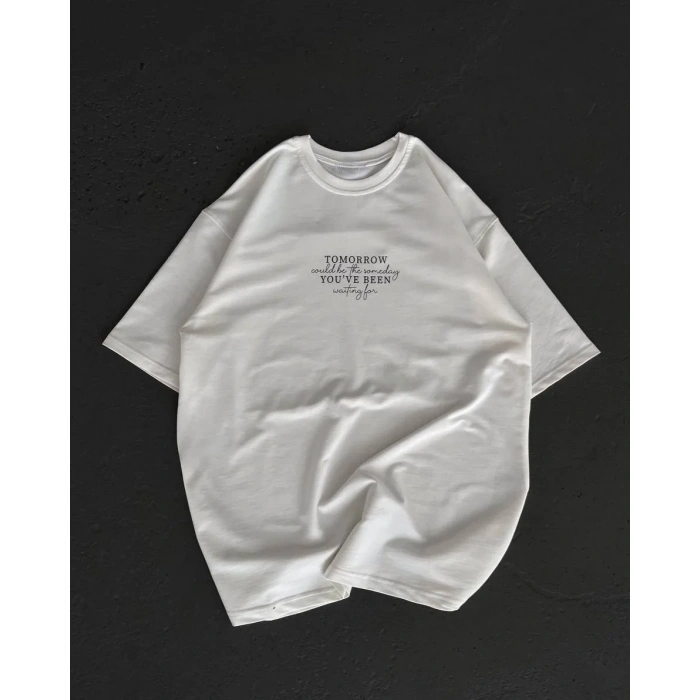 Unisex Bisiklet Yaka Baskılı Oversize T-Shirt - Beyaz