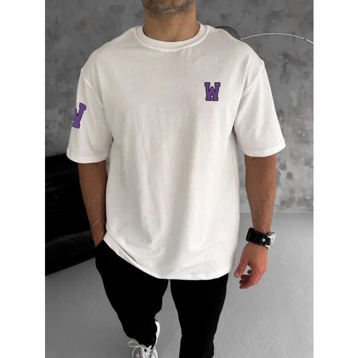 Unisex Bisiklet Yaka Baskılı Oversize T-Shirt - Beyaz