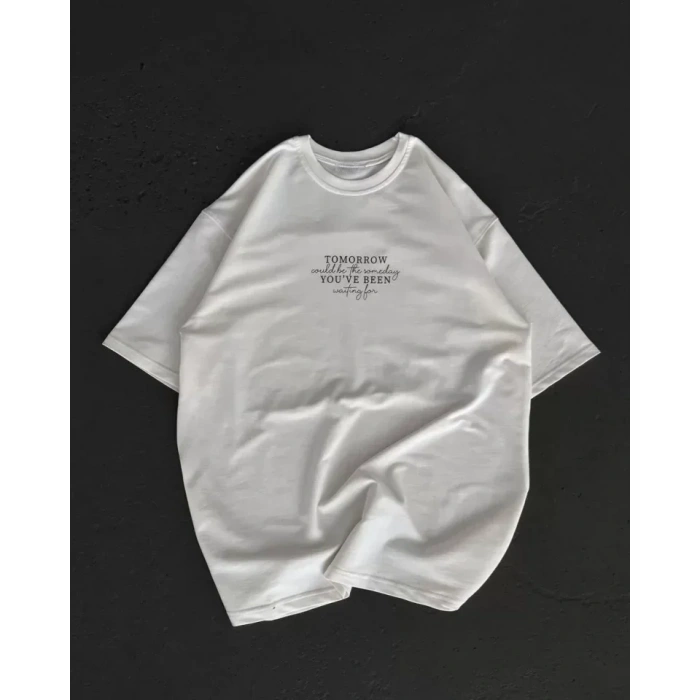 Unisex Bisiklet Yaka Baskılı Oversize T-Shirt - Beyaz