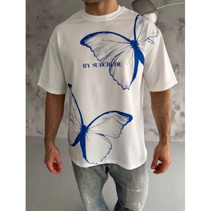 Unisex Bisiklet Yaka Baskılı Oversize T-Shirt - Beyaz