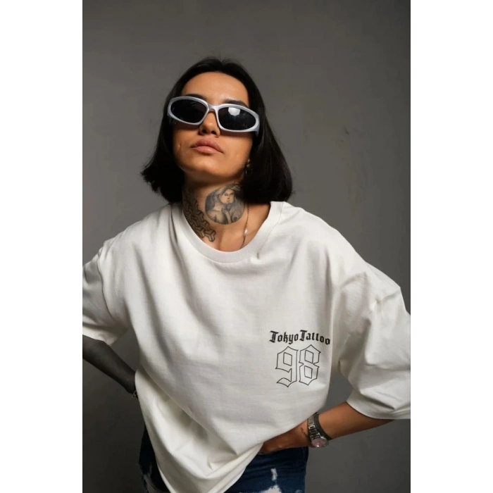 Unisex Bisiklet Yaka Baskılı Oversize T-Shirt - Beyaz