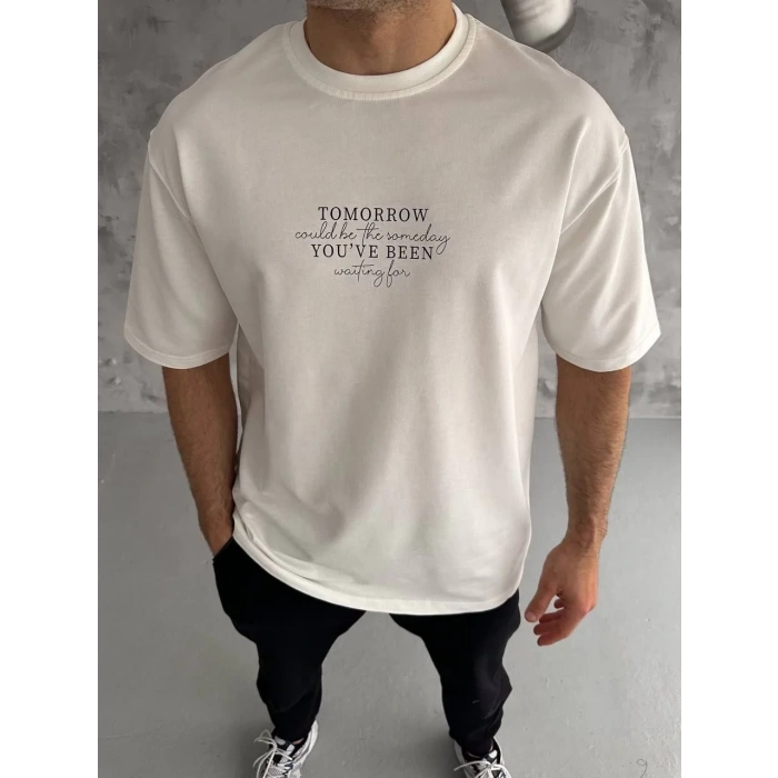 Unisex Bisiklet Yaka Baskılı Oversize T-Shirt - Beyaz