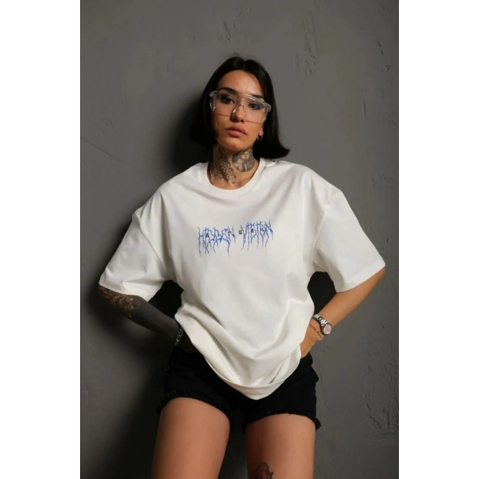 Unisex Bisiklet Yaka Baskılı Oversize T-Shirt - Beyaz