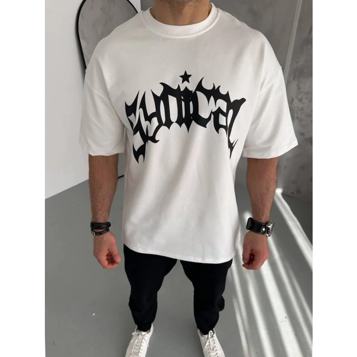 Unisex Bisiklet Yaka Baskılı Oversize T-Shirt - Beyaz