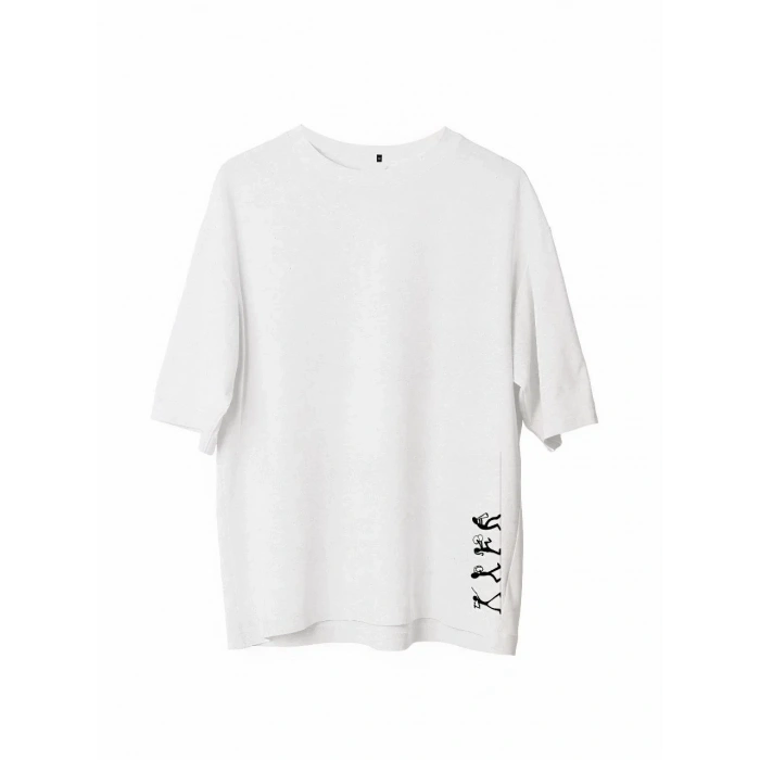 Unisex Bisiklet Yaka Baskılı Oversize T-Shirt - Beyaz