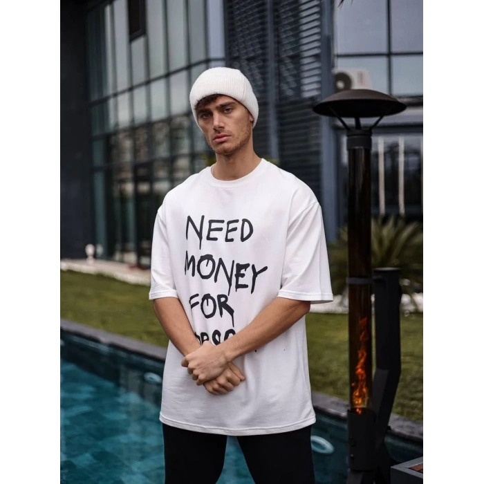 Unisex Bisiklet Yaka Baskılı Oversize T-Shirt - Beyaz