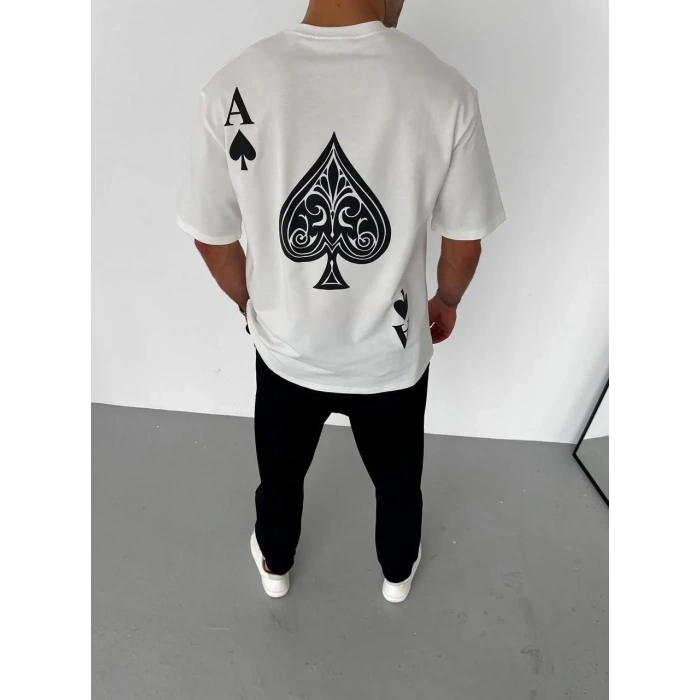 Unisex Bisiklet Yaka Baskılı Oversize T-Shirt - Beyaz