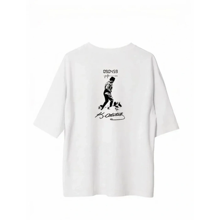 Unisex Bisiklet Yaka Baskılı Oversize T-Shirt - Beyaz