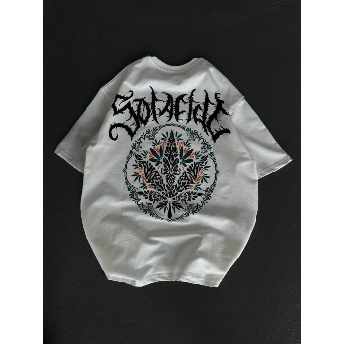 Unisex Bisiklet Yaka Baskılı Oversize T-Shirt - Beyaz