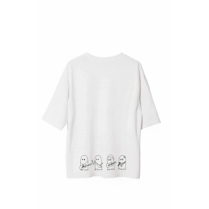 Unisex Bisiklet Yaka Baskılı Oversize T-Shirt - Beyaz