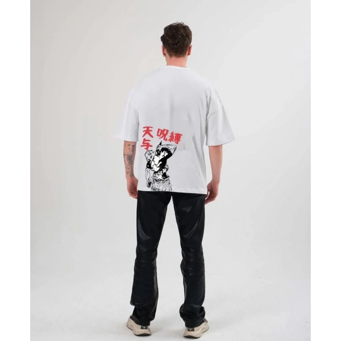 Unisex Bisiklet Yaka Baskılı Oversize T-Shirt - Beyaz