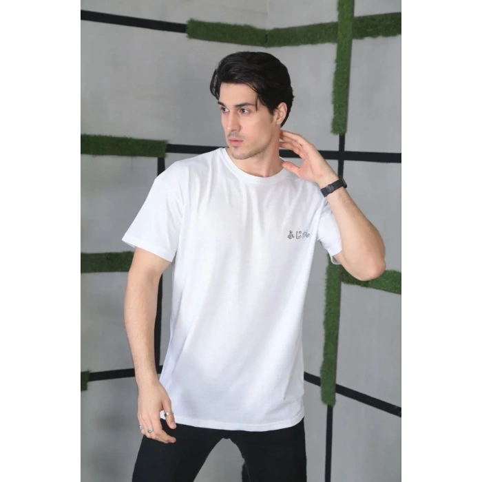 Unisex Bisiklet Yaka Baskılı Oversize T-Shirt - Beyaz