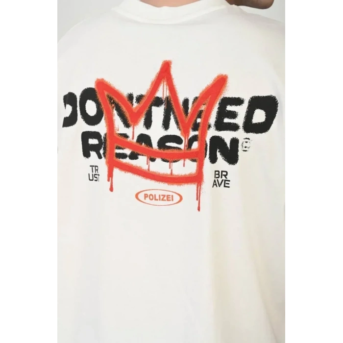 Unisex Bisiklet Yaka Baskılı Oversize T-Shirt - Beyaz