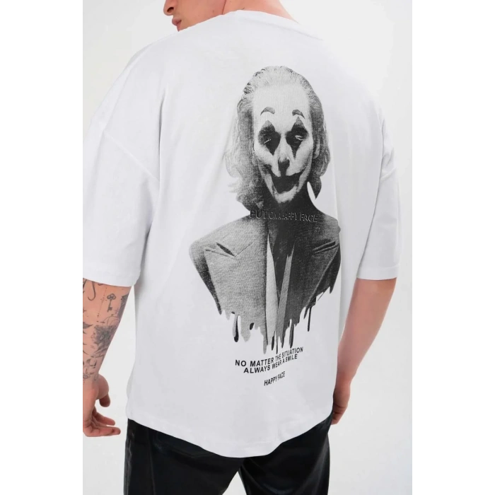 Unisex Bisiklet Yaka Baskılı Oversize T-Shirt - Beyaz