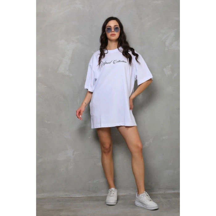 Unisex Bisiklet Yaka Baskılı Oversize T-Shirt - Beyaz