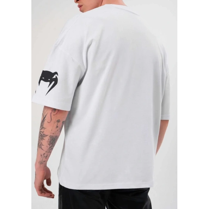 Unisex Bisiklet Yaka Baskılı Oversize T-Shirt - Beyaz