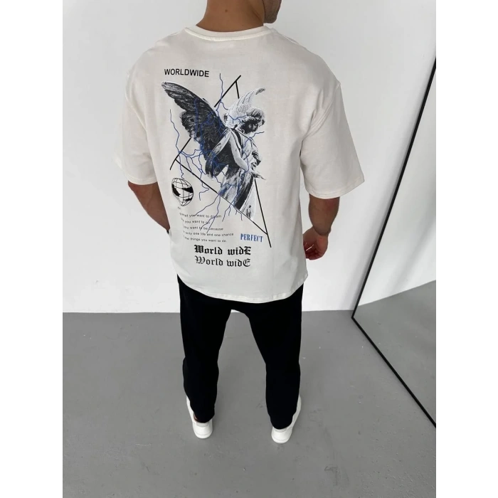 Unisex Bisiklet Yaka Baskılı Oversize T-Shirt - Beyaz