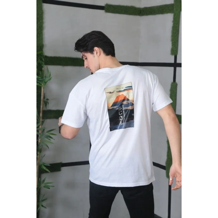 Unisex Bisiklet Yaka Baskılı Oversize T-Shirt - Beyaz