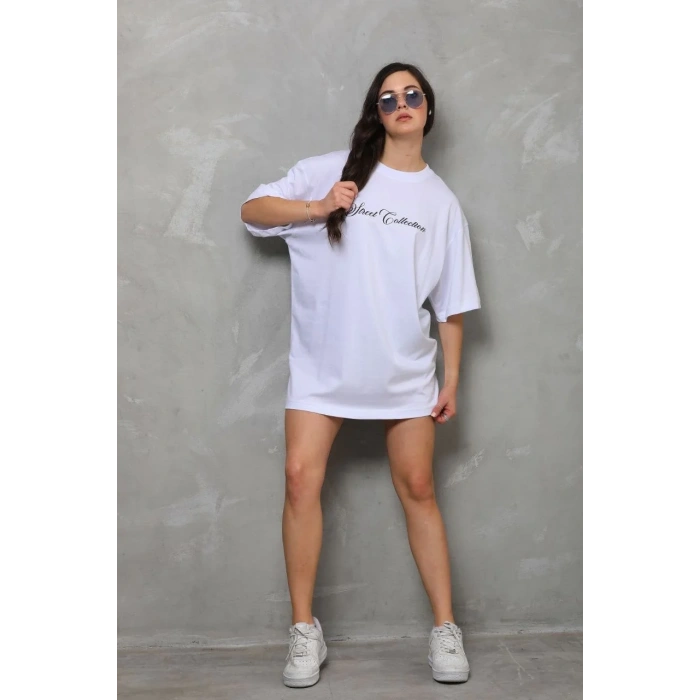 Unisex Bisiklet Yaka Baskılı Oversize T-Shirt - Beyaz